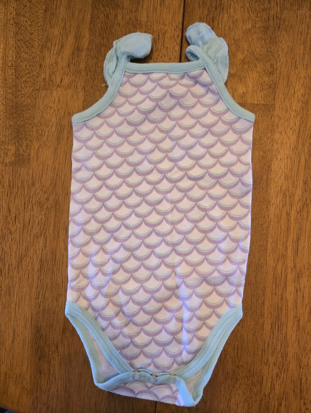 Baby Girls' Sleeveless One-Piece in Light Aqua and Lavender Scallop Print. Set